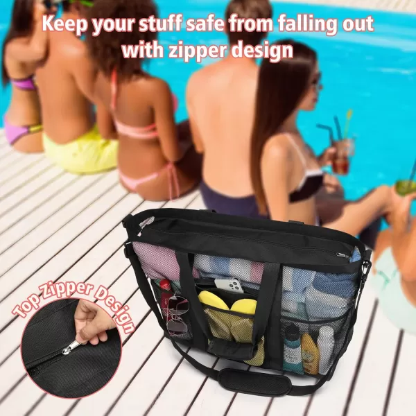 Fcolor Mesh Beach Bag Family  Beach Tote Bag 9 Pockets Beach Towel Bag XLBlack Handle With Cushion