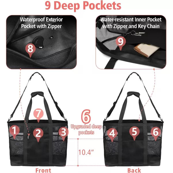 Fcolor Mesh Beach Bag Family  Beach Tote Bag 9 Pockets Beach Towel Bag XLBlack Handle With Cushion