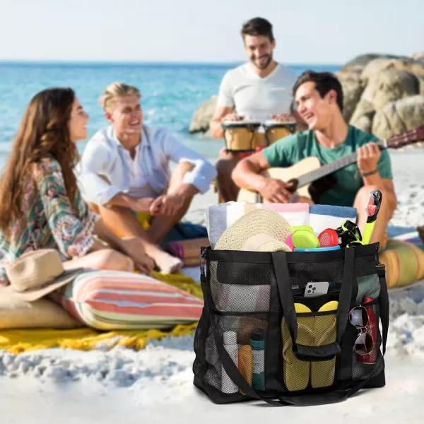 Fcolor Mesh Beach Bag Family  Beach Tote Bag 9 Pockets Beach Towel Bag XLBlack Handle With Cushion
