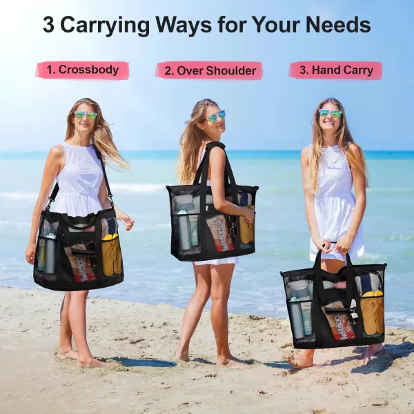Fcolor Mesh Beach Bag Family  Beach Tote Bag 9 Pockets Beach Towel Bag XLBlack Handle With Strap