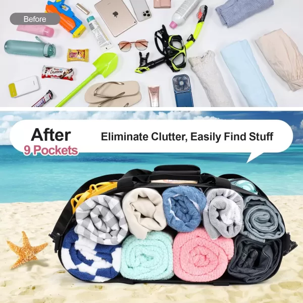 Fcolor Mesh Beach Bag Family  Beach Tote Bag 9 Pockets Beach Towel Bag XLBlack Handle With Strap