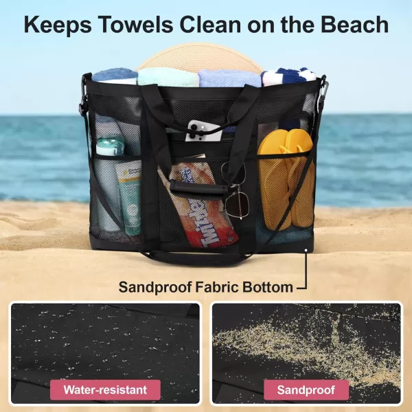 Fcolor Mesh Beach Bag Family  Beach Tote Bag 9 Pockets Beach Towel Bag XLBlack Handle With Strap