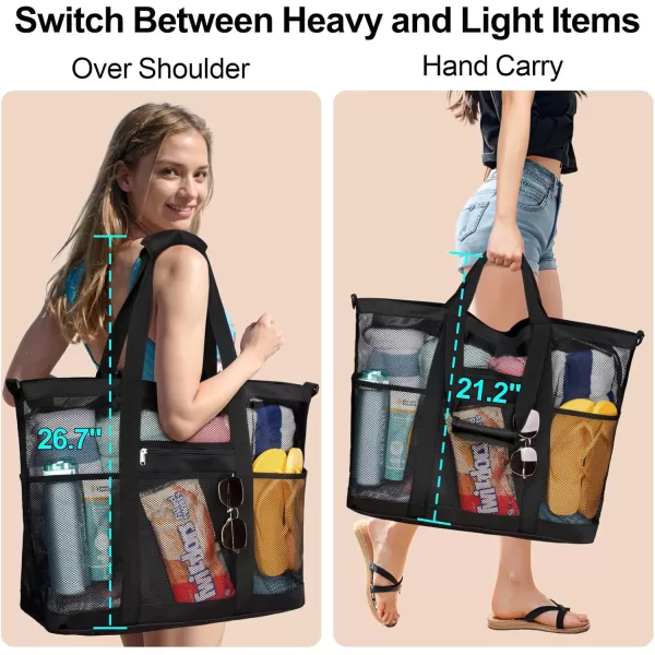 Fcolor Mesh Beach Bag Family  Beach Tote Bag 9 Pockets Beach Towel Bag XLBlack Handle With Strap
