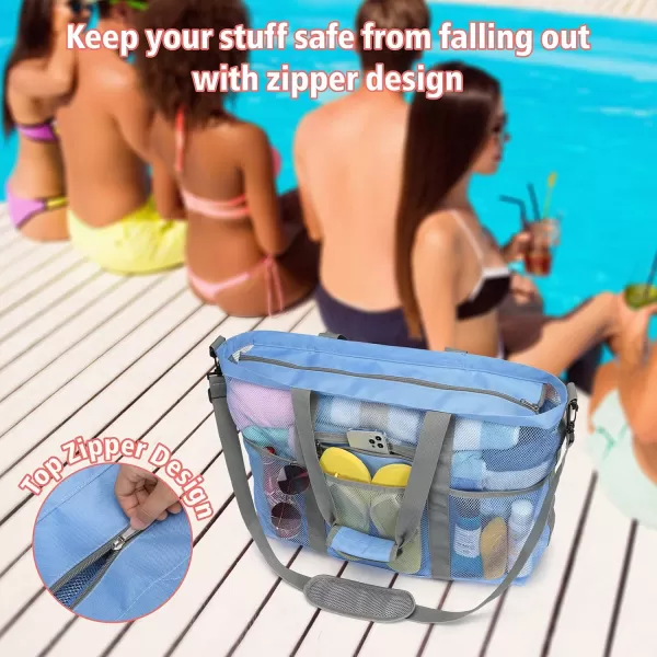 Fcolor Mesh Beach Bag Family  Beach Tote Bag 9 Pockets Beach Towel Bag XLBlue Handle With Cushion
