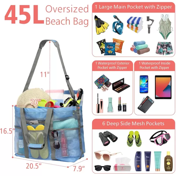 Fcolor Mesh Beach Bag Family  Beach Tote Bag 9 Pockets Beach Towel Bag XLBlue Handle With Cushion
