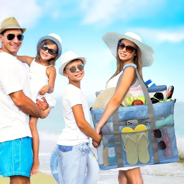 Fcolor Mesh Beach Bag Family  Beach Tote Bag 9 Pockets Beach Towel Bag XLBlue Handle With Cushion