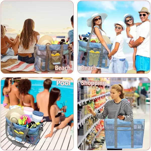 Fcolor Mesh Beach Bag Family  Beach Tote Bag 9 Pockets Beach Towel Bag XLBlue Handle With Cushion