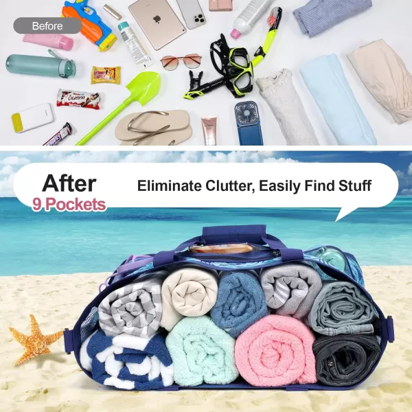Fcolor Mesh Beach Bag Family  Beach Tote Bag 9 Pockets Beach Towel Bag XLBlue Seashell