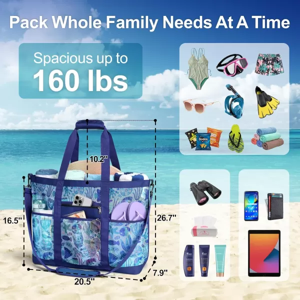 Fcolor Mesh Beach Bag Family  Beach Tote Bag 9 Pockets Beach Towel Bag XLBlue Seashell