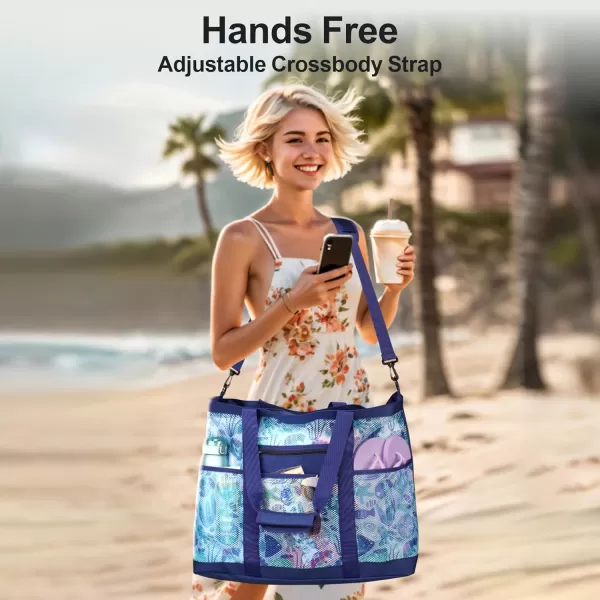 Fcolor Mesh Beach Bag Family  Beach Tote Bag 9 Pockets Beach Towel Bag XLBlue Seashell