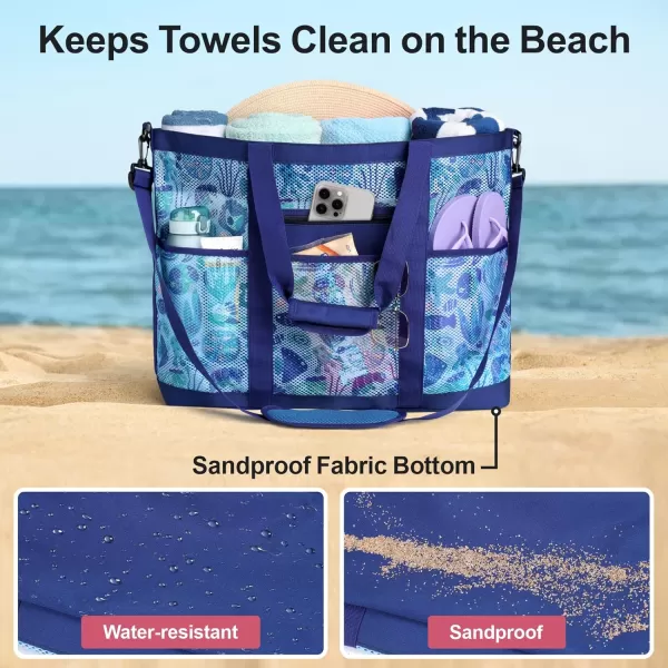 Fcolor Mesh Beach Bag Family  Beach Tote Bag 9 Pockets Beach Towel Bag XLBlue Seashell