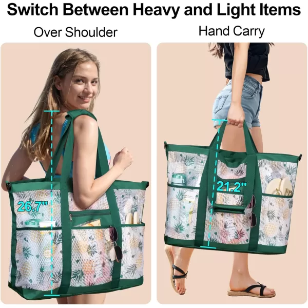 Fcolor Mesh Beach Bag Family  Beach Tote Bag 9 Pockets Beach Towel Bag XLGreen Handle With Strap