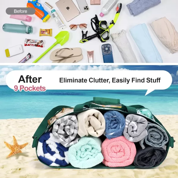 Fcolor Mesh Beach Bag Family  Beach Tote Bag 9 Pockets Beach Towel Bag XLGreen Handle With Strap