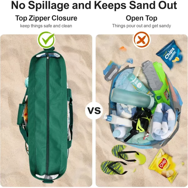 Fcolor Mesh Beach Bag Family  Beach Tote Bag 9 Pockets Beach Towel Bag XLGreen Handle With Strap