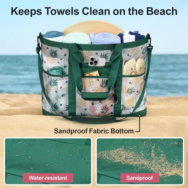 Fcolor Mesh Beach Bag Family  Beach Tote Bag 9 Pockets Beach Towel Bag XLGreen Handle With Strap