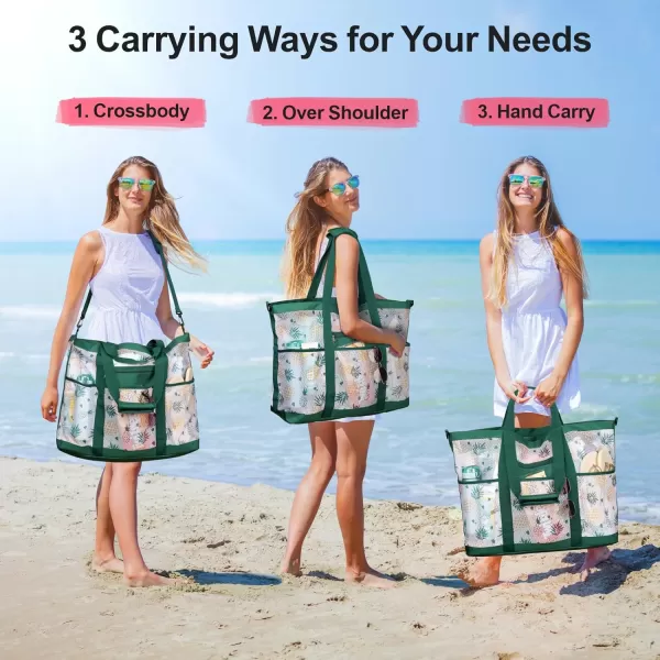 Fcolor Mesh Beach Bag Family  Beach Tote Bag 9 Pockets Beach Towel Bag XLGreen Handle With Strap