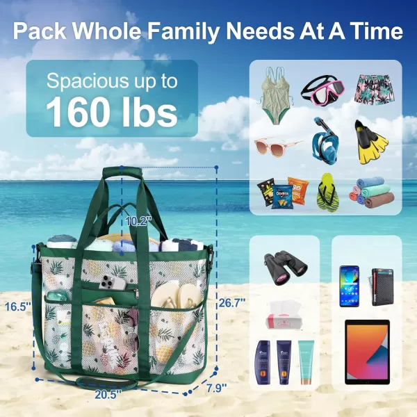 Fcolor Mesh Beach Bag Family  Beach Tote Bag 9 Pockets Beach Towel Bag XLGreen Handle With Strap
