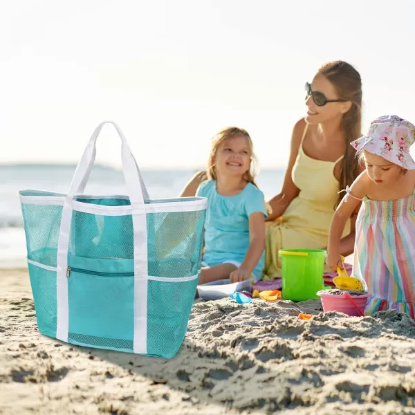 Fcolor Mesh Beach Bag Family  Beach Tote Bag 9 Pockets Beach Towel Bag XLMint Green Basic Handle