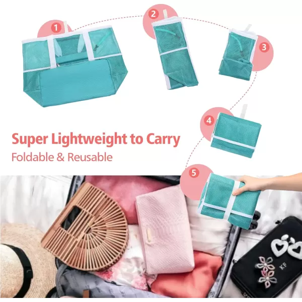 Fcolor Mesh Beach Bag Family  Beach Tote Bag 9 Pockets Beach Towel Bag XLMint Green Basic Handle