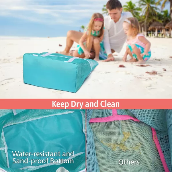Fcolor Mesh Beach Bag Family  Beach Tote Bag 9 Pockets Beach Towel Bag XLMint Green Basic Handle