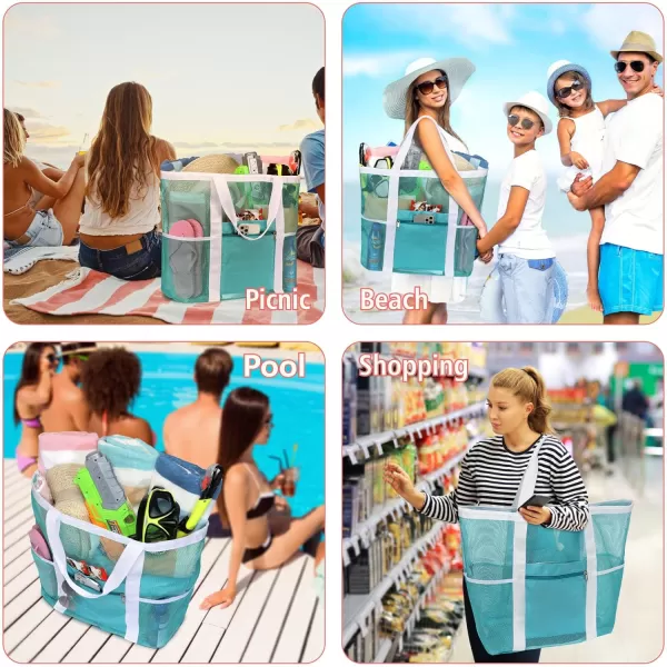 Fcolor Mesh Beach Bag Family  Beach Tote Bag 9 Pockets Beach Towel Bag XLMint Green Basic Handle