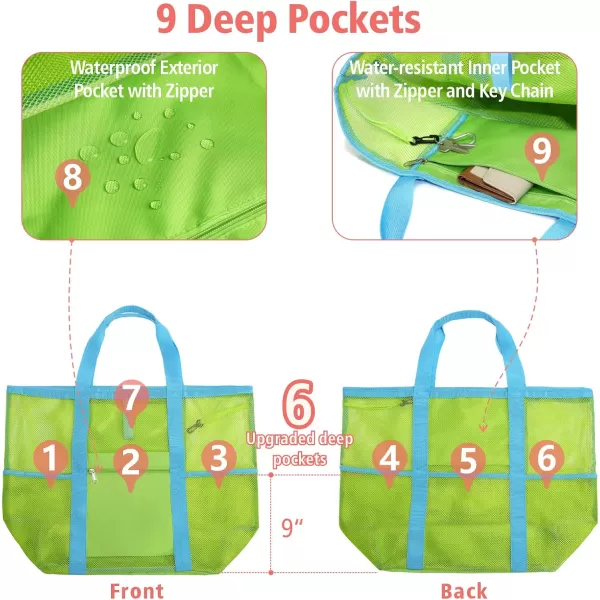 Fcolor Mesh Beach Bag Family  Beach Tote Bag 9 Pockets Beach Towel Bag XLNeon Green Basic Handle