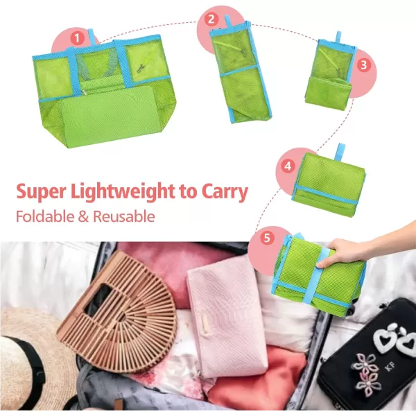 Fcolor Mesh Beach Bag Family  Beach Tote Bag 9 Pockets Beach Towel Bag XLNeon Green Basic Handle