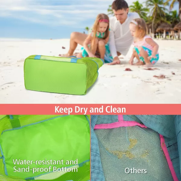 Fcolor Mesh Beach Bag Family  Beach Tote Bag 9 Pockets Beach Towel Bag XLNeon Green Basic Handle