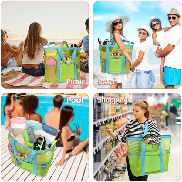 Fcolor Mesh Beach Bag Family  Beach Tote Bag 9 Pockets Beach Towel Bag XLNeon Green Basic Handle