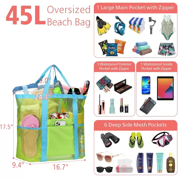Fcolor Mesh Beach Bag Family  Beach Tote Bag 9 Pockets Beach Towel Bag XLNeon Green Basic Handle