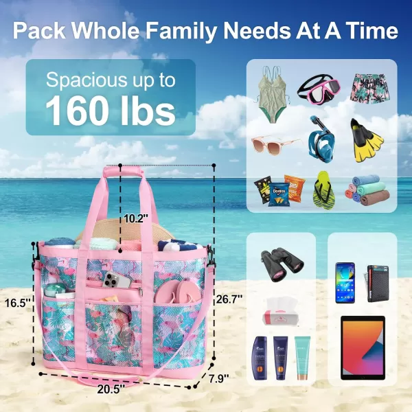 Fcolor Mesh Beach Bag Family  Beach Tote Bag 9 Pockets Beach Towel Bag XLPink Flamingo