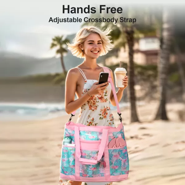 Fcolor Mesh Beach Bag Family  Beach Tote Bag 9 Pockets Beach Towel Bag XLPink Flamingo