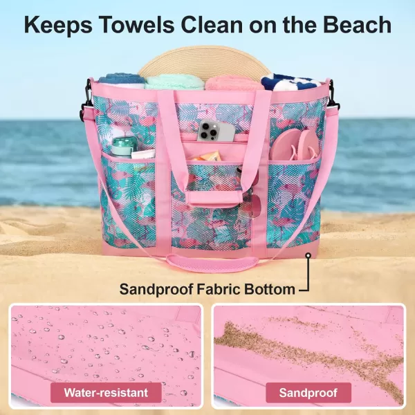 Fcolor Mesh Beach Bag Family  Beach Tote Bag 9 Pockets Beach Towel Bag XLPink Flamingo