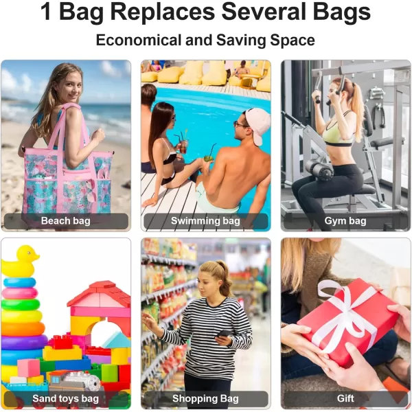 Fcolor Mesh Beach Bag Family  Beach Tote Bag 9 Pockets Beach Towel Bag XLPink Flamingo