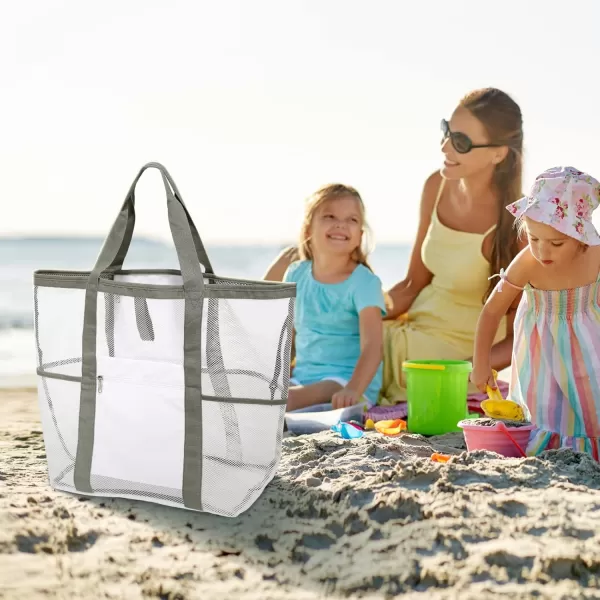 Fcolor Mesh Beach Bag Family  Beach Tote Bag 9 Pockets Beach Towel Bag XLWhite Basic Handle