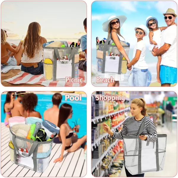 Fcolor Mesh Beach Bag Family  Beach Tote Bag 9 Pockets Beach Towel Bag XLWhite Basic Handle