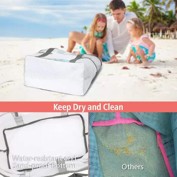 Fcolor Mesh Beach Bag Family  Beach Tote Bag 9 Pockets Beach Towel Bag XLWhite Basic Handle