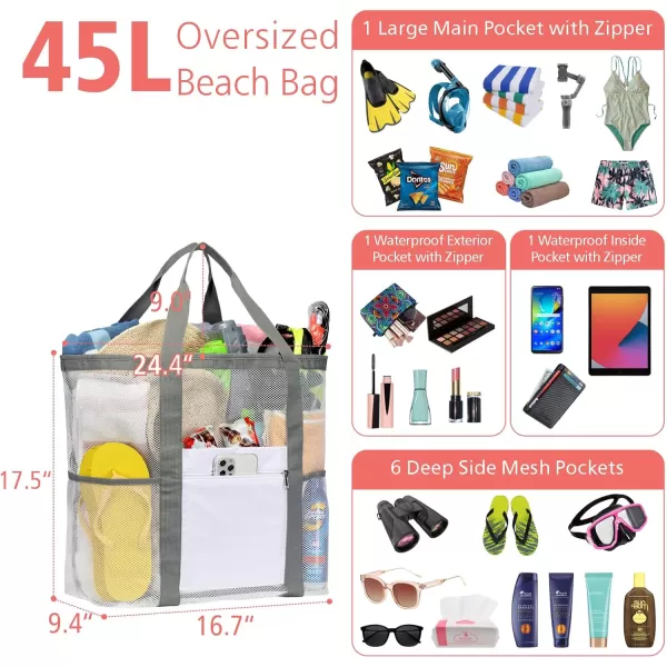Fcolor Mesh Beach Bag Family  Beach Tote Bag 9 Pockets Beach Towel Bag XLWhite Basic Handle