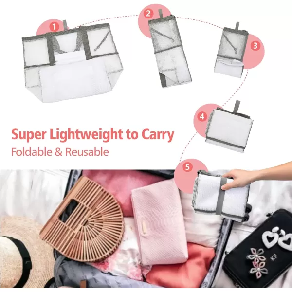 Fcolor Mesh Beach Bag Family  Beach Tote Bag 9 Pockets Beach Towel Bag XLWhite Basic Handle