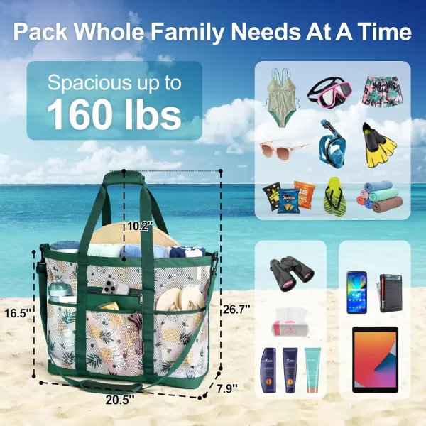 Fcolor Mesh Beach Bag Family  Beach Tote Bag 9 Pockets Beach Towel Bag XLWhite Pineapple