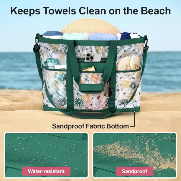 Fcolor Mesh Beach Bag Family  Beach Tote Bag 9 Pockets Beach Towel Bag XLWhite Pineapple