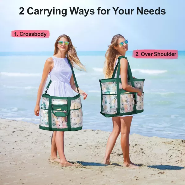 Fcolor Mesh Beach Bag Family  Beach Tote Bag 9 Pockets Beach Towel Bag XLWhite Pineapple