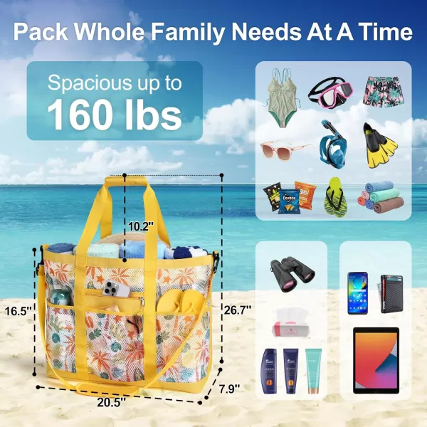 Fcolor Mesh Beach Bag Family  Beach Tote Bag 9 Pockets Beach Towel Bag XLYellow Handle With Cushion