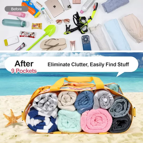 Fcolor Mesh Beach Bag Family  Beach Tote Bag 9 Pockets Beach Towel Bag XLYellow Handle With Cushion