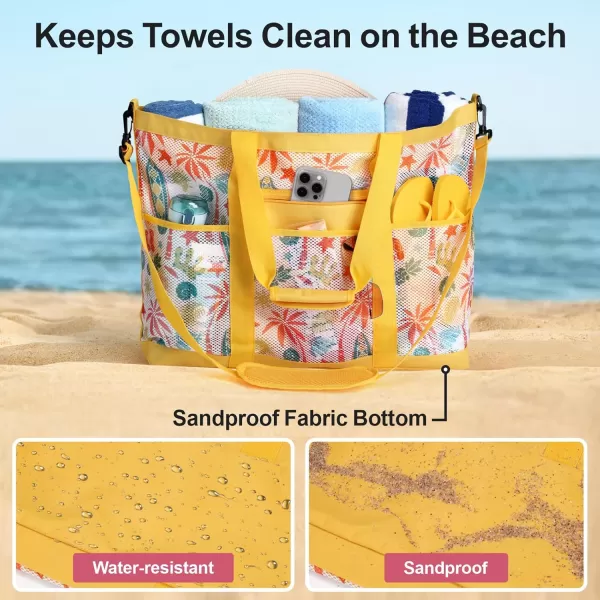 Fcolor Mesh Beach Bag Family  Beach Tote Bag 9 Pockets Beach Towel Bag XLYellow Handle With Cushion