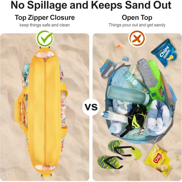Fcolor Mesh Beach Bag Family  Beach Tote Bag 9 Pockets Beach Towel Bag XLYellow Handle With Cushion