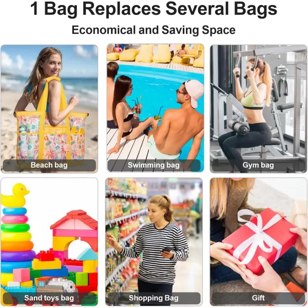 Fcolor Mesh Beach Bag Family  Beach Tote Bag 9 Pockets Beach Towel Bag XLYellow Handle With Cushion
