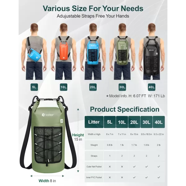 Fcolor Waterproof Dry Bag Backpack  5L10L20L30L40L Lightweight Roll Top Waterproof Pouch Dry Bag with Waterproof Phone Case for Kayaking Beach Boating Paddleboarding Camping Fishing20L Army Green