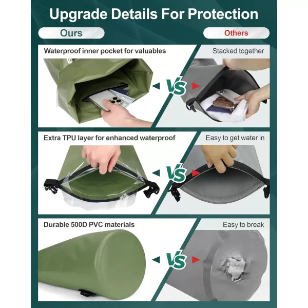Fcolor Waterproof Dry Bag Backpack  5L10L20L30L40L Lightweight Roll Top Waterproof Pouch Dry Bag with Waterproof Phone Case for Kayaking Beach Boating Paddleboarding Camping Fishing20L Army Green