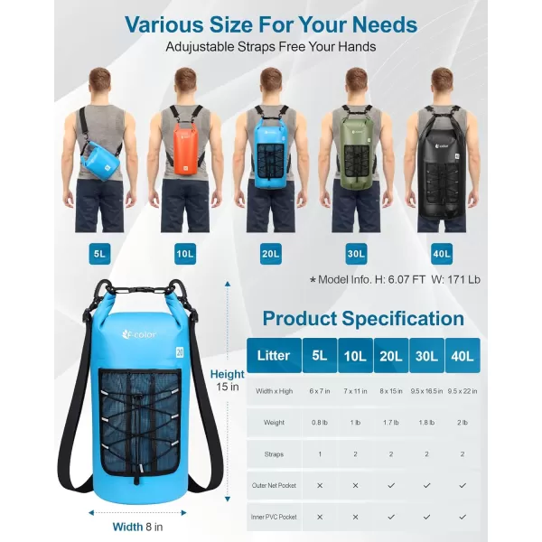Fcolor Waterproof Dry Bag Backpack  5L10L20L30L40L Lightweight Roll Top Waterproof Pouch Dry Bag with Waterproof Phone Case for Kayaking Beach Boating Paddleboarding Camping Fishing20L Blue